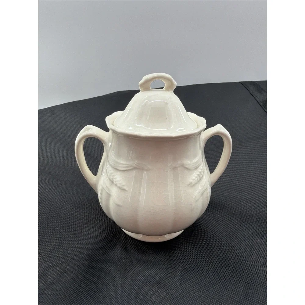 Wheat Sheaf Sugar Bowl White Ironstone w/ Lid Wilkinson Staffordshire England